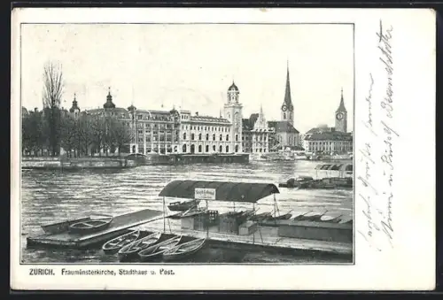 AK Zürich, Fraumünsterkirche, Stadthaus und Post