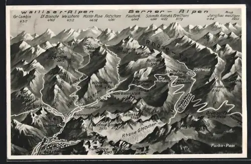 AK Göschenen, Panorama der Umgebund mit Rhone-Gletscher, Furkapass und Reuss