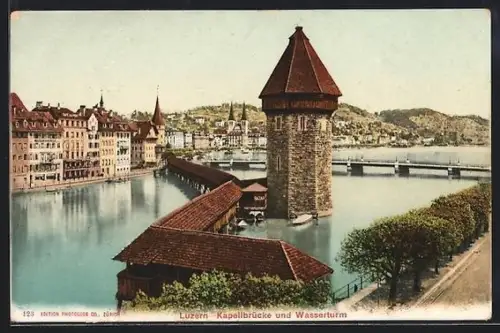 AK Luzern, Kapellbrücke und Wasserturm