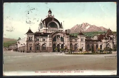 AK Luzern, Bahnhof und Pilatus