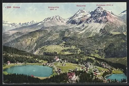 AK Arosa, Ortsansicht mit Mädrigerfluh, Thiejerfluh und Furkahorn
