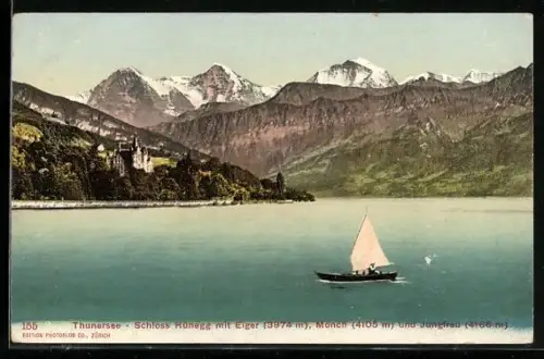 AK Thunersee, Schloss Hünegg mit Eiger, Mönch und Jungfrau