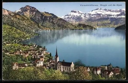 AK Weggis /Vierwaldstättersee, Ortsansicht mit Kirche und den Alpen