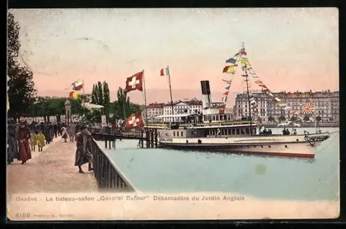 AK Genève, Bateau-salon Général Dufour débarcadère du Jardin Anglais