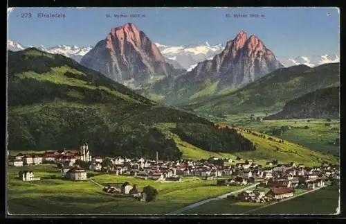 AK Einsiedeln, Ortsansicht mit Gr. und Kl. Mythen