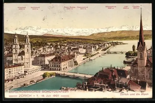 AK Zürich, Eidgenössisches Schützenfest 1907, Zürich und die Alpen