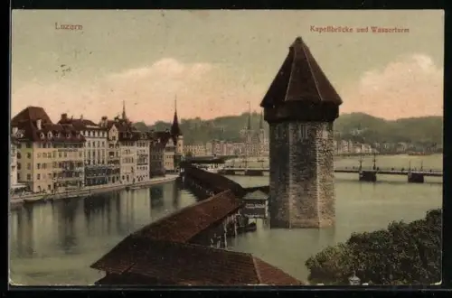 AK Luzern, Kapellbrücke und Wasserturm