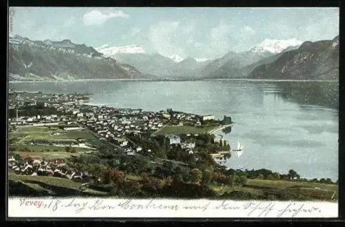 AK Vevey, Totalansicht des Ortes am See mit den Alpen im Hintergrund, um 1900