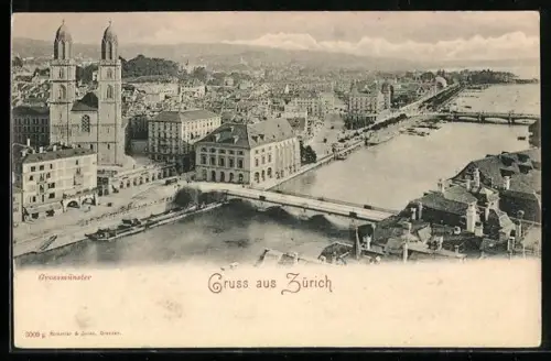 AK Zürich, Grossmünster mit Brücken