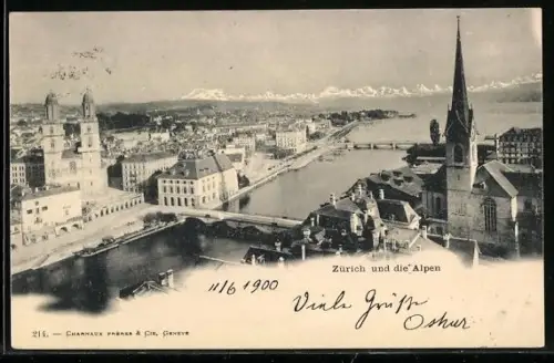 AK Zürich, Teilansicht mit den Alpen