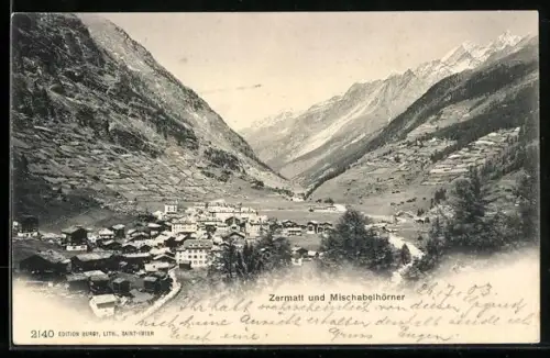 AK Zermatt, Ortsansicht und Mischabelhörner