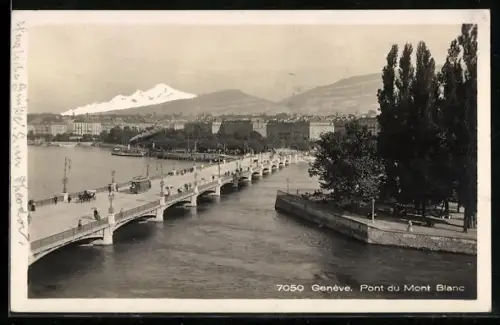 AK Geneve, Strassenbahn auf Pont du Mont-Blanc