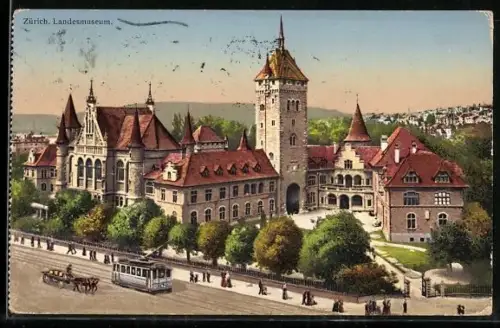 AK Zürich, Landesmuseum mit Strassenbahn