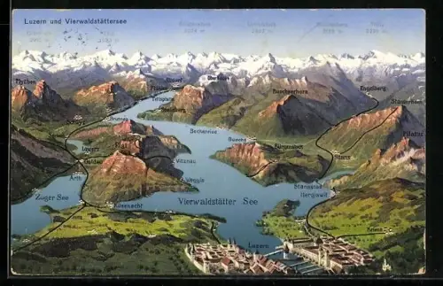 AK Luzern, Blick auf den Vierwaldstätter See von oben mit den Orten der Umgebung
