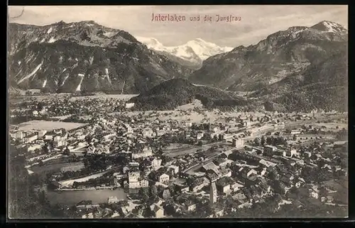 AK Interlaken, Totalansicht des Ortes und die Jungfrau