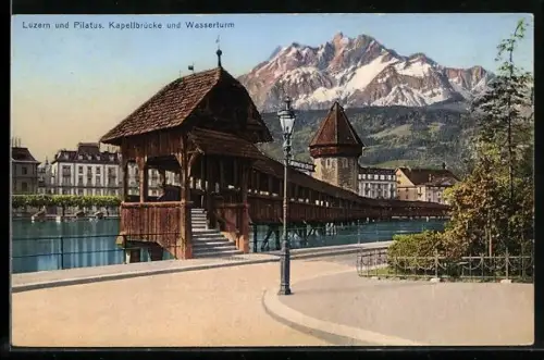 AK Luzern, Kapellbrücke und Wasserturm gegen Pilatus