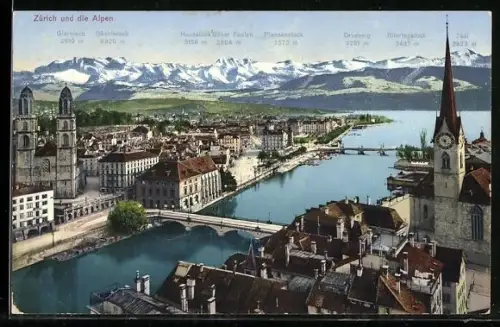 AK Zürich, Teilansicht mit Kirche und Alpenpanorama