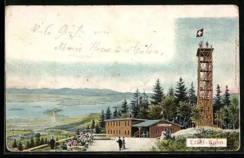 AK Feusisberg, Etzel-Kulm, Aussichtsturm mit Besuchern