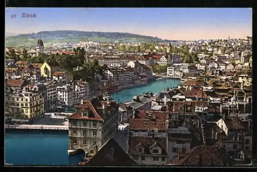 AK Zürich, Teilansicht aus der Vogelschau