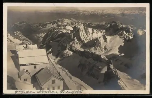 AK Säntis, Verschneites Hotel mit Gebirge, Ostpanorama