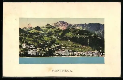AK Montreux, Totalansicht mit Gebirgspanorama, vom Wasser aus gesehen