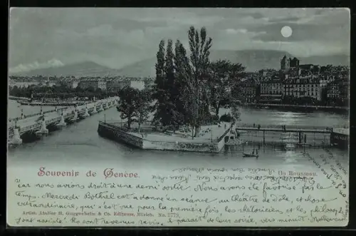 Mondschein-AK Genève, Ortspartie mit Parkanlage