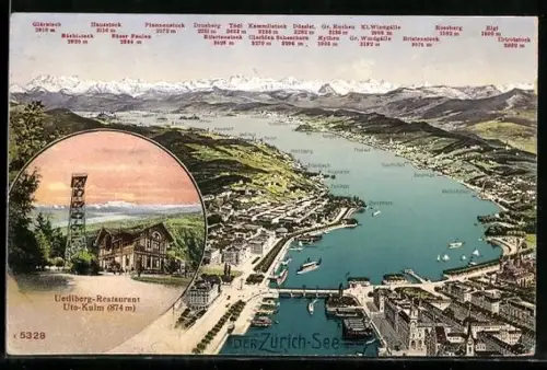 AK Zürich, Der Zürichsee aus der Vogelschau mit Restaurant auf dem Uetliberg