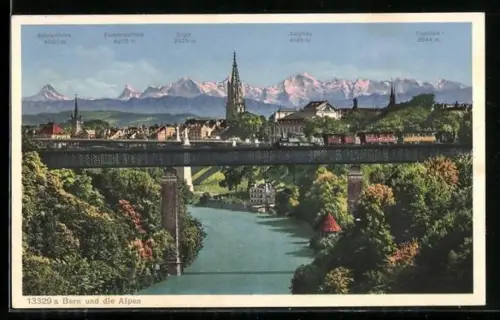 AK Bern, Panorama mit Brücke, Eiger und Jungfrau
