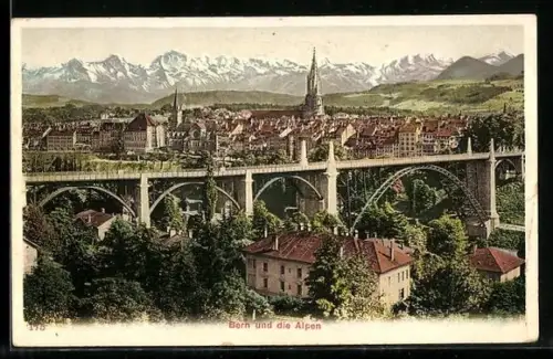 AK Bern, Teilansicht des Ortes mit Alpenpanorama