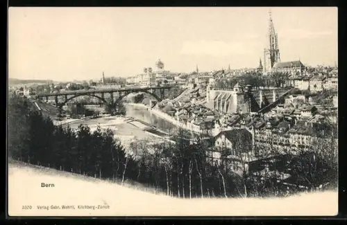AK Bern, Teilansicht des Ortes mit Kirche und Brücke