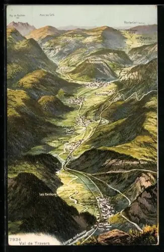 AK Travers /Val de Travers, Karte mit Les Oeillons, Môtiers und Couvel