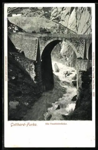 AK Gotthard-Furka, Teufelsbrücke mit Kutsche