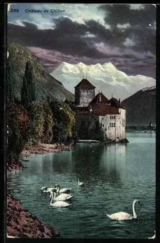 AK Chillon, Schloss und Gebirgspanorama mit Schwänen