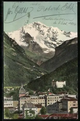 AK Interlaken, Teilansicht des Ortes und die Jungfrau