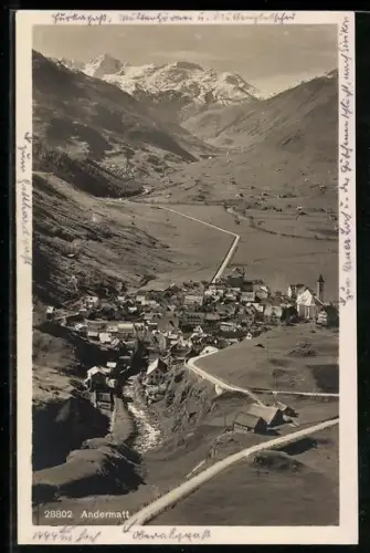 AK Andermatt, Totalansicht mit Gebirgspanorama