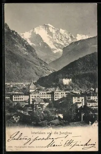 AK Interlaken, Teilansicht des Ortes und die Jungfrau