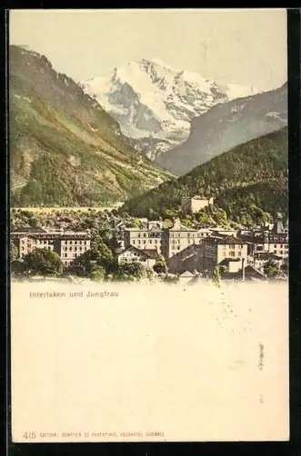 AK Interlaken, Teilansicht des Ortes und Jungfrau