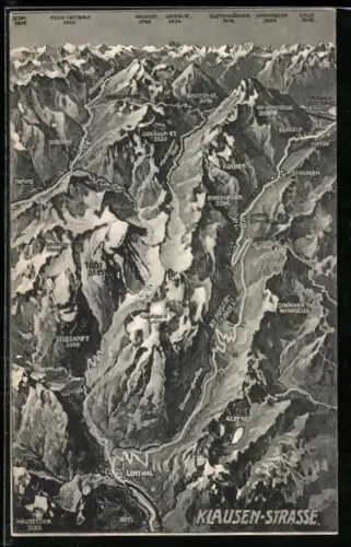 AK Linthal, Karte der Klausen-Strasse mit Clariden, Selbsanft und Tödi