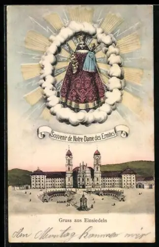 AK Einsiedeln, Frontansicht des Schlosses, darüber Maria mit Kind