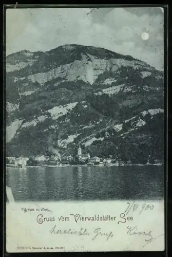 Mondschein-AK Vitznau, Totalansicht des Ortes mit Rigi