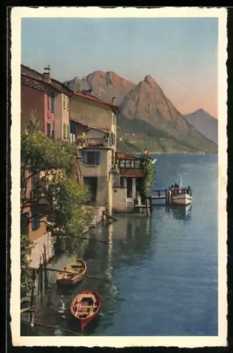 AK Gandria /Lago di Lugano, Kleine Anlegestelle mit Bergen im Hintergrund