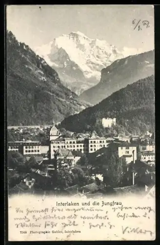 AK Interlaken, Teilansicht des Ortes mit Jungfrau
