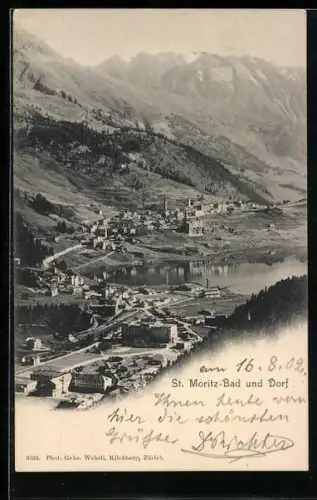 AK St. Moritz-Bad und Dorf, Ansicht von weitem um 1900