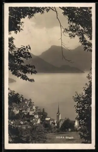 AK Weggis, Teilansicht des Ortes mit Kirche und Gebirgspanorama