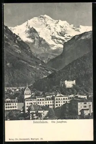 AK Interlaken, Teilansicht des Ortes mit Jungfrau