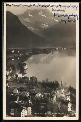 AK Territet, vue partielle avec le château de Chillon et les dents du Midi dans le fond