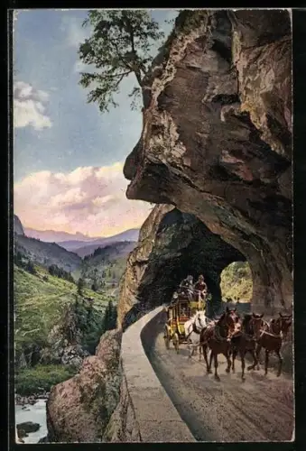 AK Grimselpass, Postkutsche mit Blick ins Tal