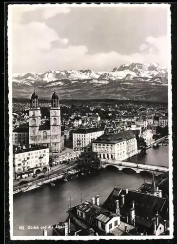 AK Zürich, Teilansicht des Ortes mit Alpenpanorama