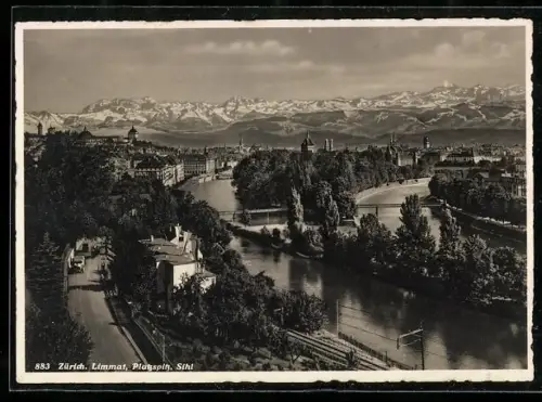 AK Zürich, Panorama mit Limmat, Platzspitz und Sihl