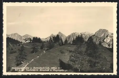AK Ostpreussenhütte a. Rettenbachriel, Berghütte mit kl. u. gr. Teufelshorn